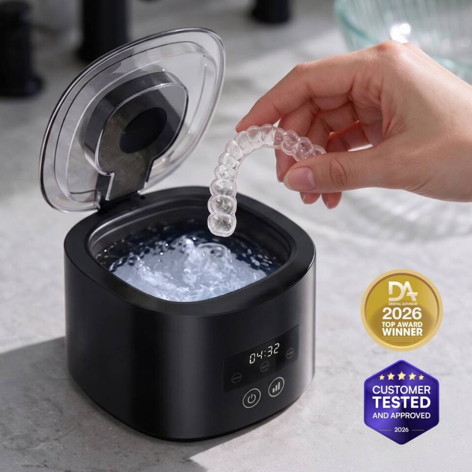 The reference seller's DentaSonic cleaner with an aligner being lowered into the water tank